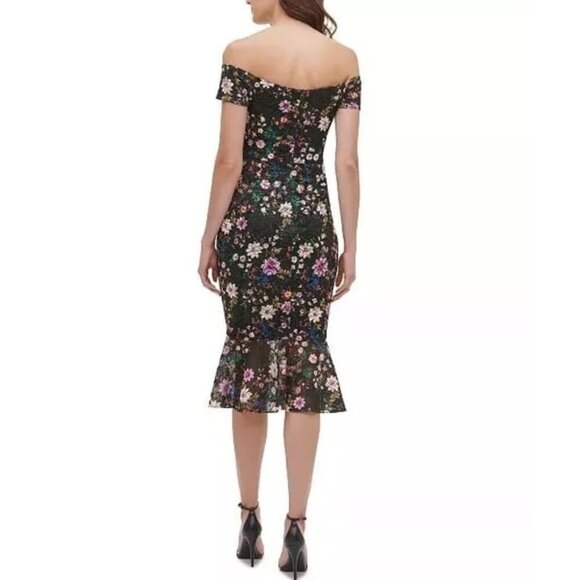 GUESS Womens Size 12 Off-The-Shoulder Lace Midi Cocktail Dress Black Floral New - Picture 2 of 14